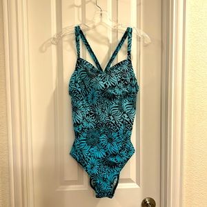 Blue and black floral print swimsuit. Size 14.